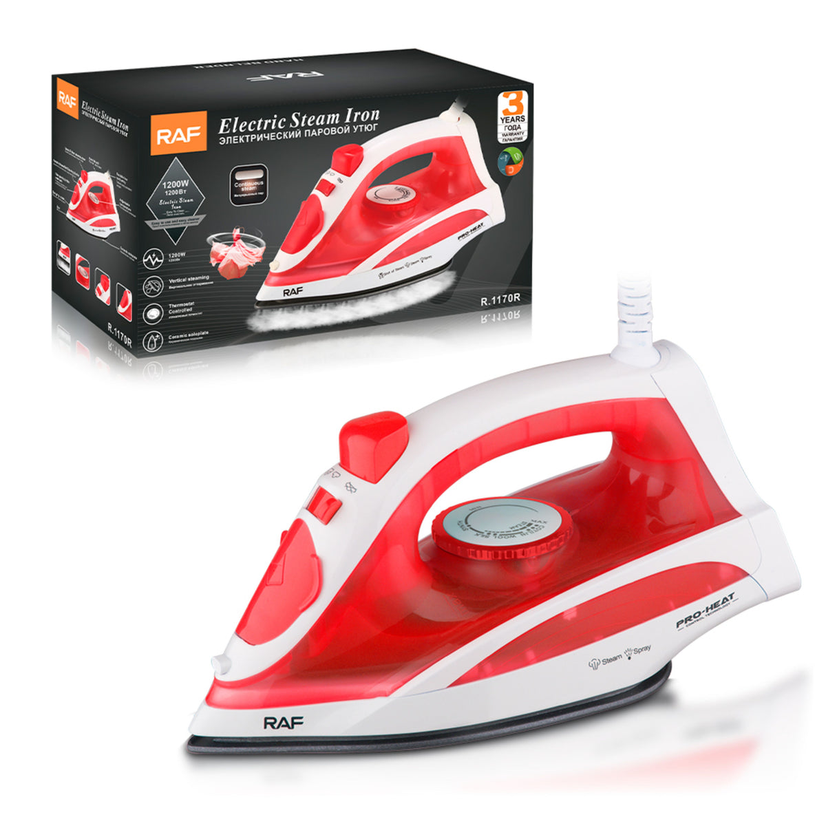 RAF 1200W Popular Anti Drip Ceramic Soleplate Vertical Steaming Electric Press Ironing Steam Iron for Cloth