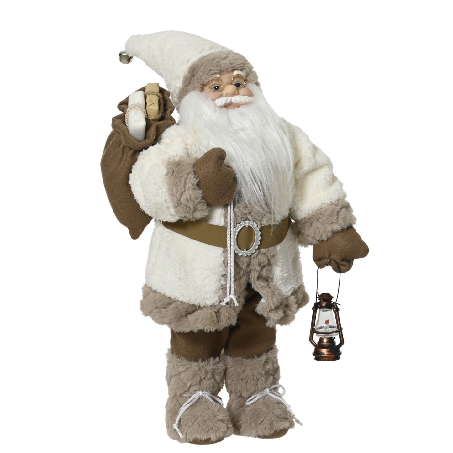 Santa polyester plastic body with white coat with christmas hat fabric gift bag, paper gift bag and bronze lantern 60 cm