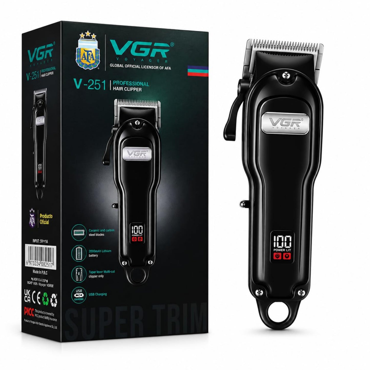 VGR V-251 Professional Hair Clipper for Men | Stainless Steel Blades | Digital Power Display | Taper Lever | USB Charging | Low Noise | Black