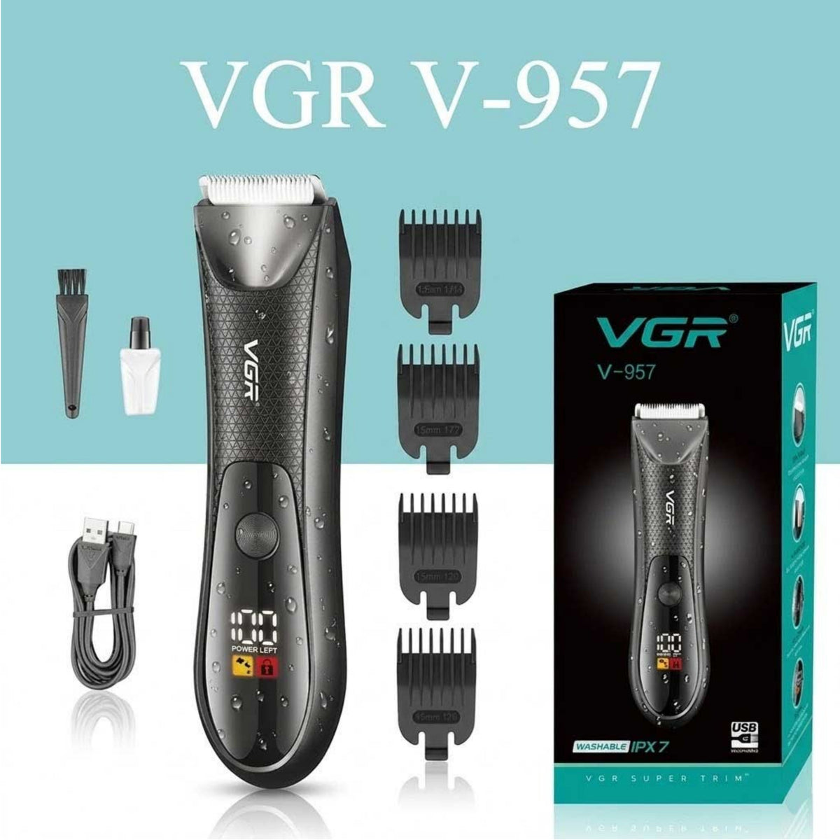 VGR V-957 Professional Body Trimmer | IPX7 Waterproof & Washable | High-Precision Ceramic Blade | Built-in LED Light & Digital Display | USB Rechargeable with 90 Mins Runtime