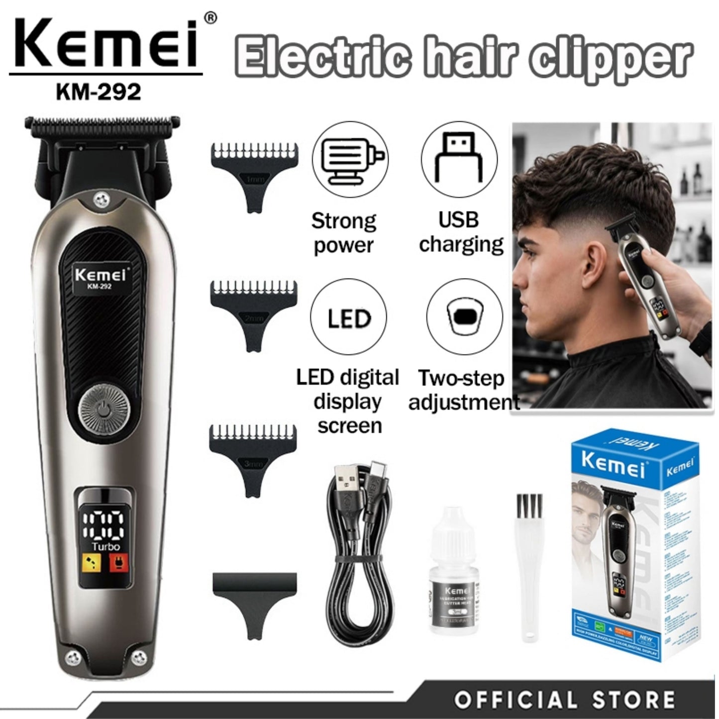 Kemei KM-292 Cordless Trimmer – Black with 3 Attachments