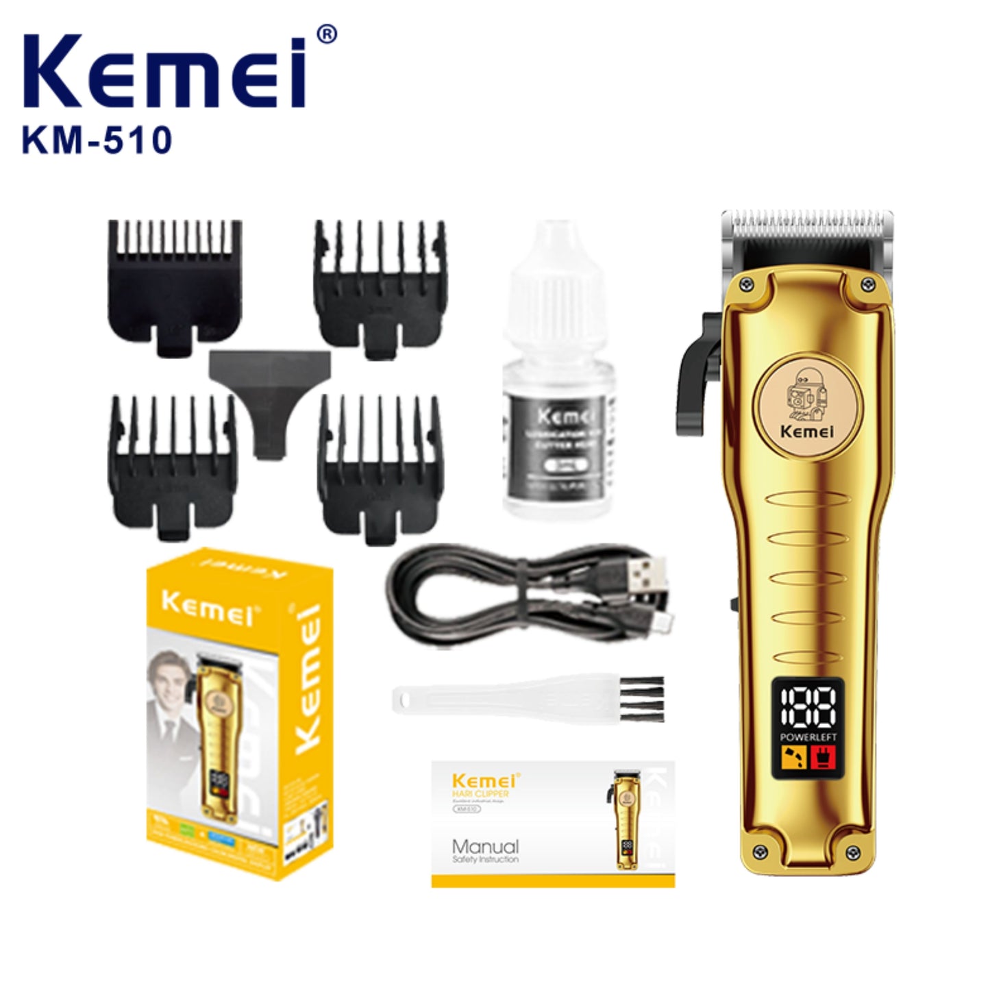 KEMEI Km-510 Brand Golden Color Body Hair Trimmer Salon Hair Cutter Tools Led Display 7000RPM High Speed Motor Hair Shaver Sets