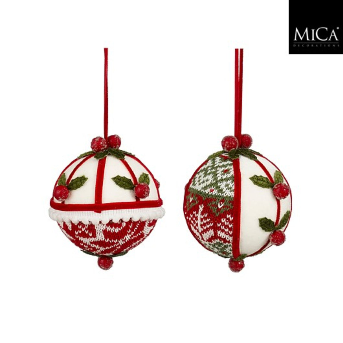 Bauble unbreakable holly red white 2 assorted - d10,5cm