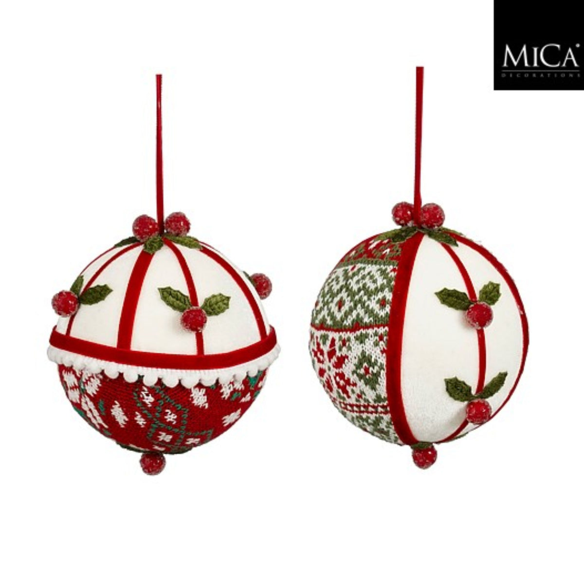 Bauble unbreakable holly red white 2 assorted - d11cm