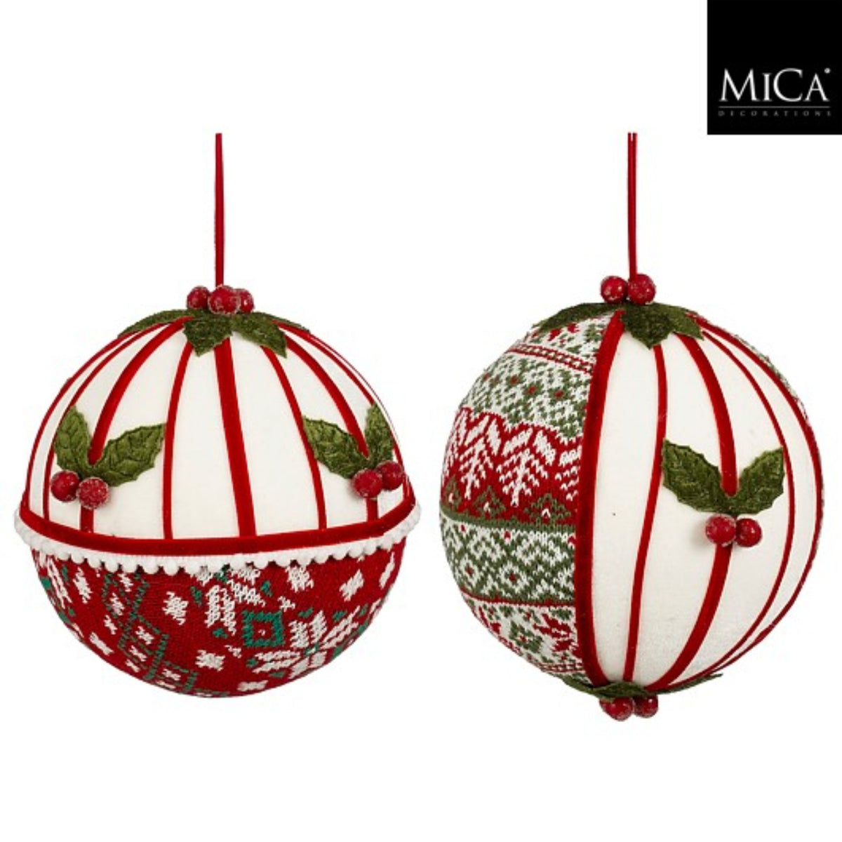Bauble unbreakable holly red white 2 assorted - d18cm