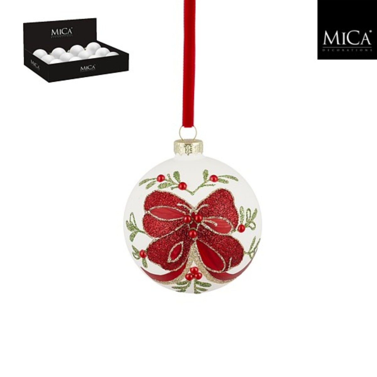 Bauble glass bow white 12 pieces display - d8cm