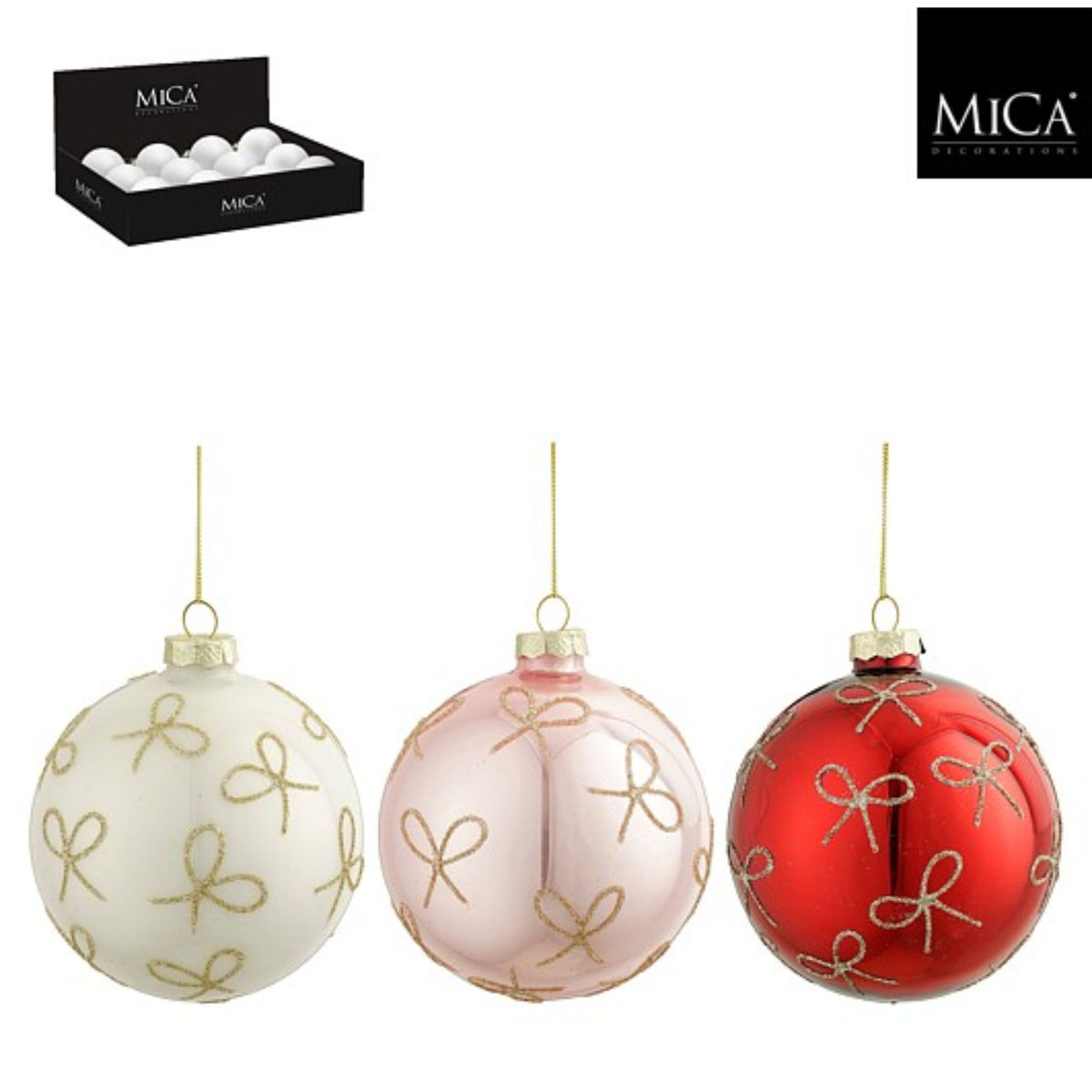 Bauble glass bow white red pink 3 assorted 12 pieces display - d10cm