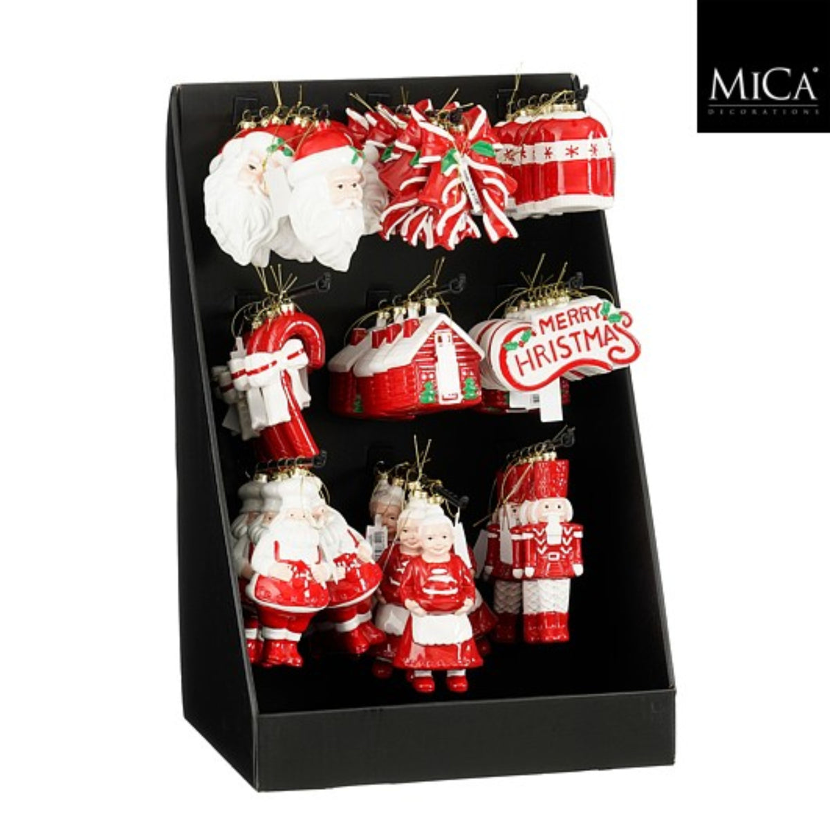 Ornament christmas red white 9 assorted 54 pieces display - l7,5xw7,5xh17,5cm