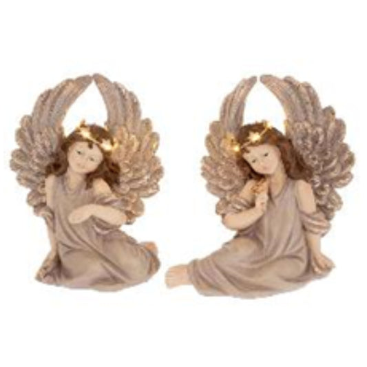XMAS ANTIQUE BEIGE POLYRESIN ANGEL 2 DESIGNS WITH LED LIGHT 20,5X14X26CM BATTERY OPPERATED