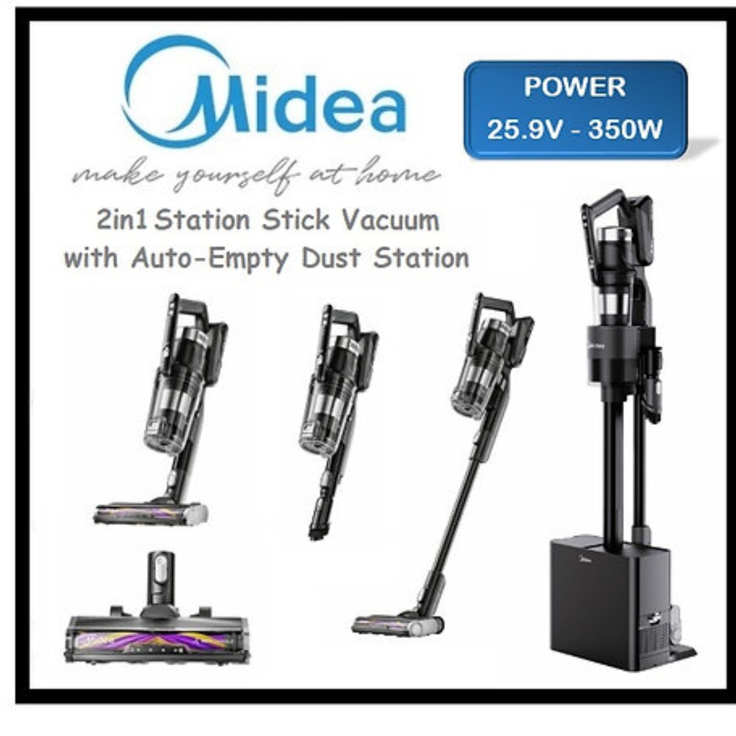 Midea Station rechargeable Vacuum Cleaner | P8 Plus  | Handstick 2in1 | 25.9 V | Operating time (max) 60 min | Black
